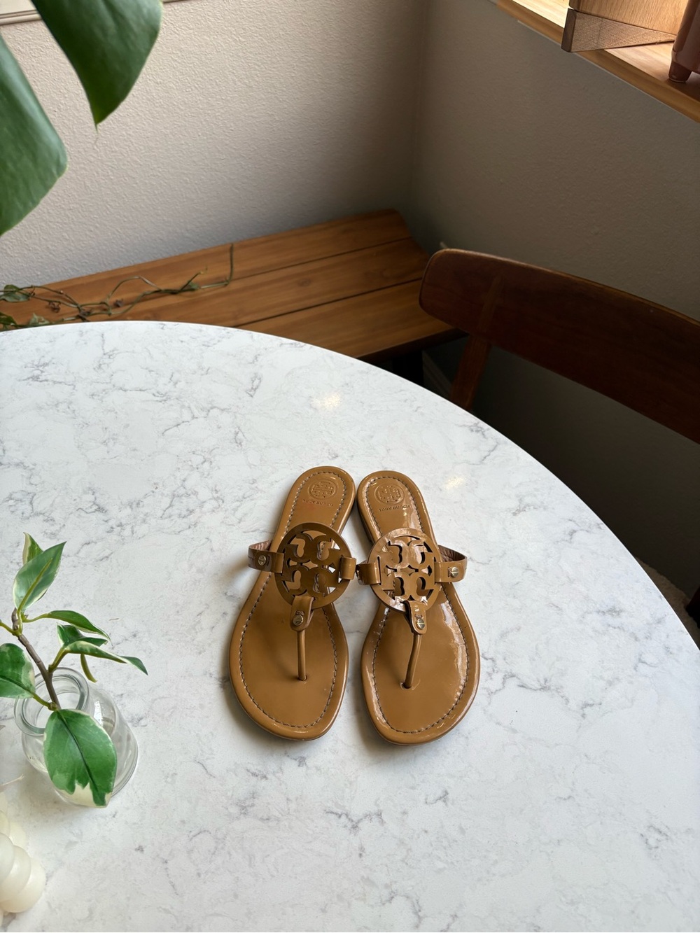 Tory Burch Tan Leather Logo Thong Sandals